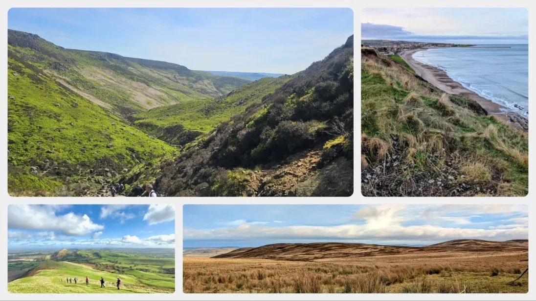 Image collage from four weekends away. Clockwise from top left: the Grindbrook Clough scramble in Edale, Berwick-upon-Tweed coastline, Cheviot hills, and Shropshire hills.
